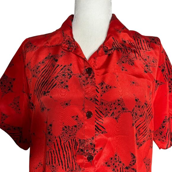 Vintage 80s Red Black Button Up Blouse Medium Short Sleeve Abstract Print - Picture 2 of 8